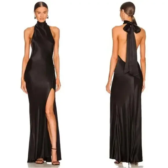 Revolve Sau Lee Black Penelope Halter Tie Neck Maxi Gown Size 2 NWT $550 msrp - Picture 1 of 8